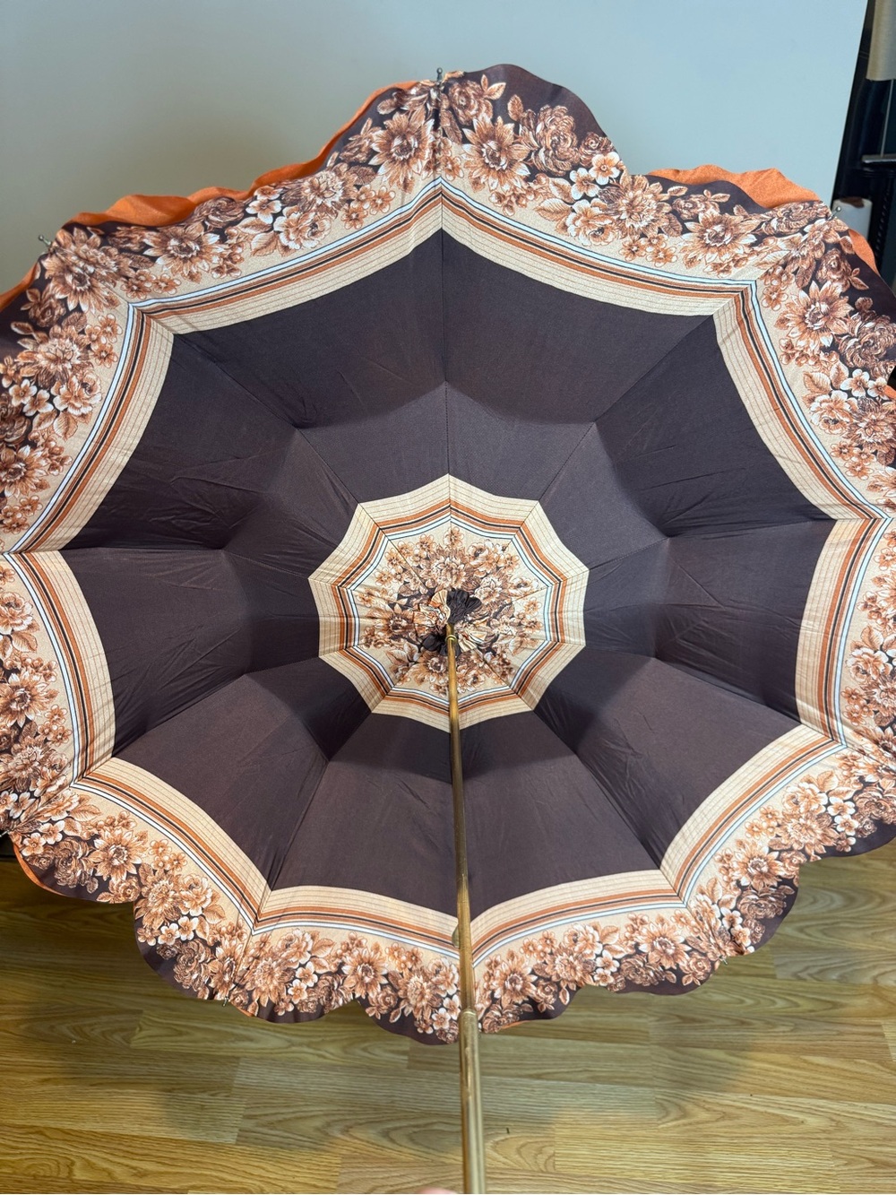 Vintage 1970s-80s Italian Style Parasol Umbrella Floral Scalloped Gold Tone Hand